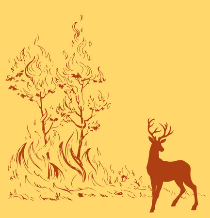 Abstract red forestry warm ignite wild glow ash view bright light text space Dark black hand draw big male adult rut rack horn beast head run risk destroy dry global climate wind icon sign concept artのイラスト素材