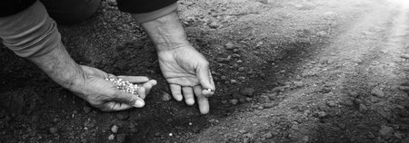Old human woman worker arm put begin young small root stem produce new life hope hobby. Closeup...