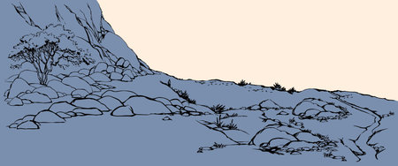 Old East rural arab crack soil canyon slope oasis hand drawn vintage biblic cartoon art sketch style scene sky text space. Scenic summer view shrub plant flora asian african arabia hot weather symbolのイラスト素材