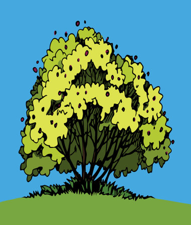 Closeup view large old lush twig verdure light even sky backdrop text space. Dark black ink pen line hand drawn big ripe eco grow orchard green grass emblem design retro art print contour pencil styleのイラスト素材