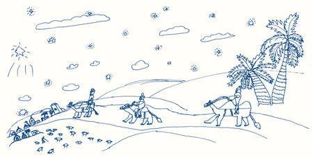 3 old retro orient native arab happy joy born holy god son baby Jesus Christ birth gold merry noel eve story even scene. Black pen pencil line hand drawn cute palm city way funny art faith greet cardのイラスト素材