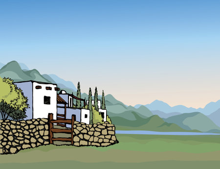 Middle age egypt Africa Arab orient wild hill land wood bush park scene place sky sunset scenic view. Outline hand draw asian arabian african jordan scene retro cartoon biblic vector art sketch styleのイラスト素材