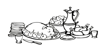 Happy fresh tasty royal home xmas day cook wine beer hot potato pie fat bbq ham snack slice plate tavern cafe bar set. Outline black line hand drawn past medieval age tale story art doodle menu styleのイラスト素材