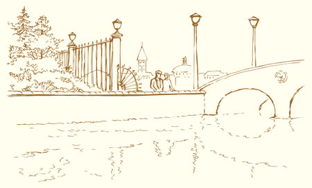 Hand drawn 2 young sad mate tourist feel look sea view sketch art. Relax boy guy feel joy meet wed lady pair talk wife old antique retro town fence lamp spring tourism autumn nature ancient rest skyのイラスト素材
