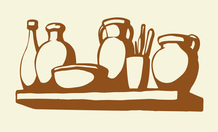 Closeup bible group white rural wine water bottle ewer mug cup handle set. Rustic earthen mud food milk oil urn pan hand make skill shop store line drawn biblic doodle ornat artist symbol style designのイラスト素材