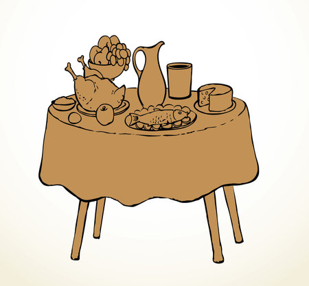Healthy fresh tasty farm home cook white wine beer hot turkey pie bbq ham snack slice piece salad sauce tavern cafe bar set. Outline black ink hand drawn past historic age art doodle line menu styleのイラスト素材
