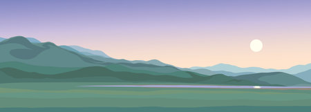 Sea bog mire marsh swamp fog path way road light blue cloud dusk day sundown heaven text space backdrop. Hand drawn rocky ocean farmer bright green tree bush plant season scene view cartoon art styleのイラスト素材