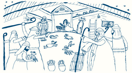 Happy even night old east wise king magi symbol lamb crib scene believe greet card. Line pen pencil hand drawn cute holy Lord messiah belief history icon sketch cheer joy art retro faith story pictureのイラスト素材