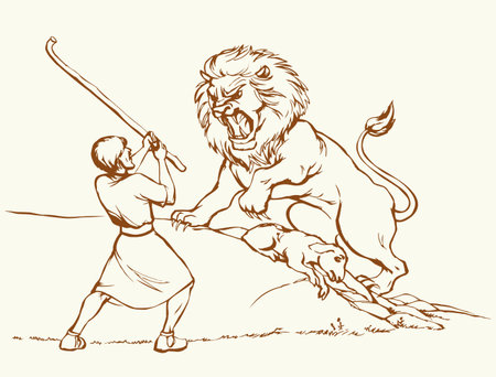 Past retro age young Jewish guard guy farmer hero stand anger wound ewe ram pet. Hand drawn strong Jewish Israel boy farm herder arm wood staff weapon win victory old big angry paw claw roar story artのイラスト素材