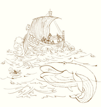 Past blue viking history bible age travel norway pirate mast deck float wind white even sky. Black line hand drawn big wild baleen mouth giant fin jump tail sink retro biblic story cartoon art sketchのイラスト素材