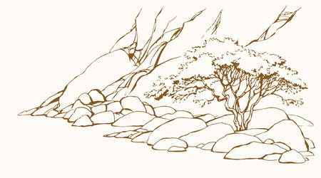 East arab biblic line old african crack crag canyon mount cliff break slope lush shrub scenic white sky text space view. Outline black ink pen hand drawn hot asian scene retro cartoon art doddle styleのイラスト素材
