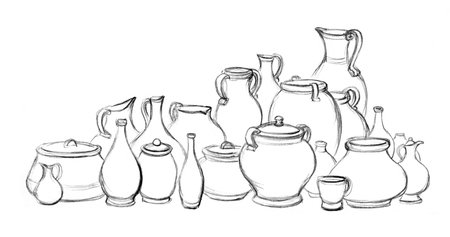 Closeup group many empty white rural wine water bottle ewer mug set. Rustic earthen mud food milk oil urn pan make shop hand drawn line artist skill symbol style design souvenir productの写真素材