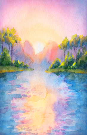 Light bright pink color paint silence fresh wet haze cloudy smoke scene paper card text space backdrop. Hand drawn cool quiet calm fall valley field pine shrub grass creek ocean bay beach scenic viewの写真素材