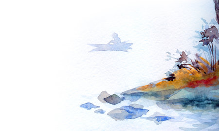 Hand drawn artwork paint spring creek bay haze rainy even dusk scene light paper text space. Misty calm rain old rural park wood sail float male wild hunt catch hobby travel rod beach fall scenic viewの写真素材