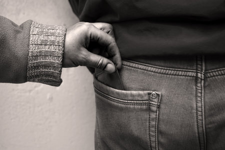 Close up old evil greed vandal felon spy black arm catch grip stole dark young kid pant loss white wall text space. Closeup dirty guy try touch temptat isolat secret fear break law empty threat offenseの写真素材
