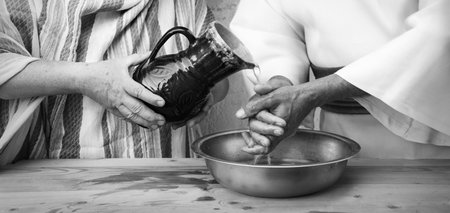 Closeup retro age east Israel jew temple god rite sign pitcher pour wet arm. Female maid girl work...