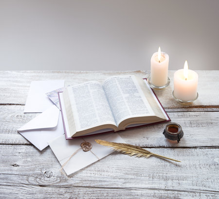 Grunge past age worn psalm teach pray open holy sacred torah law ink quill pen write page light wood...