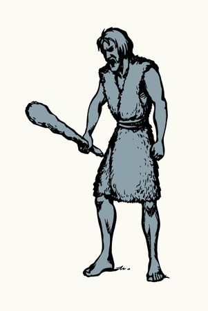 Past retro archaic neolith era stone age native tribe hit hunt axe war culture strong savage craft arm bible story hand drawn sketch art. Baton beat bat strike tribal nomad fur warfare sign icon symbolのイラスト素材