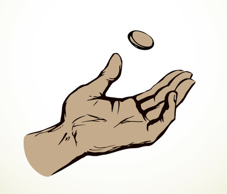 Close up view old age jewish male palm arm catch shot flip true bet head tail line icon white sky. Outlin black drawn crisis fate die win fun hope idea girl prayer pray ask bible god vector art sketchのイラスト素材