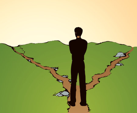 Possible 2 dilemma risk wrong left street trail walk select journey go. Color line hand drawn human guy action start pose. Field route icon sign sketch. Modern art cartoon style. Behind rear sky viewのイラスト素材