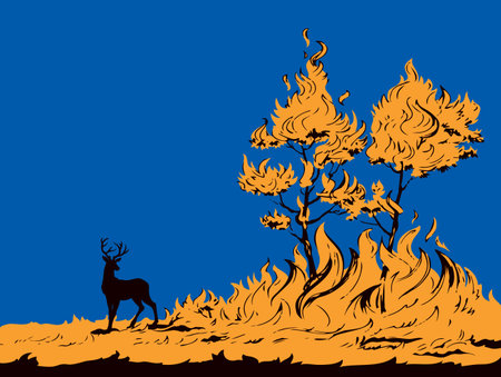 Abstract red forestry warm ignite wild glow ash view bright light text space Dark black hand draw big male adult rut rack horn beast head run risk destroy dry global climate wind icon sign concept artのイラスト素材