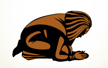 Past old age east ethnic cloth sad  boy slave lie plead alms bless sacred trust biblic king lord Jesus Christ. Black line hand drawn despair male guy lay ground repent slavery retro bible art cartoonのイラスト素材