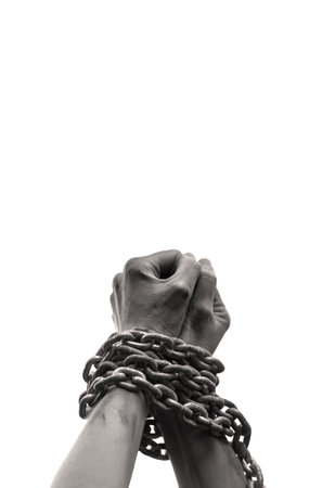 Close up old law despair danger fear stress young male guy raise ask god help hope life sun light blue text space. Closeup limit addict hold pain bind lady fist wrist rope restrain isolated bodyの写真素材
