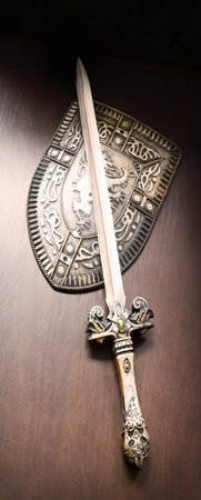 Close up sharp black iron sabre hilt handle power brave male wood table text space Past king middle age rome legion man hero lion sign icon defenc emblem gold roman cross crest coat art banner patternの写真素材