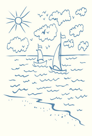 Cute old retro naval white fisher skiff go swim river trip race sandy even bay text space. Outline hand drawn small morn fun kid tide sailor sport play navy toy game sign icon sketch line art styleのイラスト素材