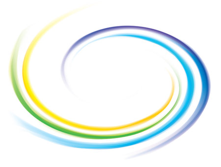 Creative eddy festival happy surface of vivid multi colored glossy curled spraying rippled ring. Yellow, green, blue, purple gamut stripes. Closeup view with space for text in glowing white centerのイラスト素材