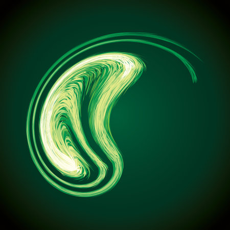 Bright circular white midpoint drawing wave flame shape art design. Fuzzy magic laser sphere form in modern creative fur line style. Lime color power sun boom ball symbol on dark night space for textのイラスト素材