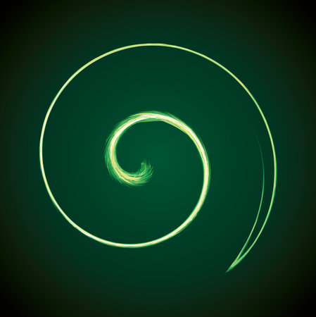 Bright circular white midpoint drawing wave flame shape art design. Fuzzy magic laser sphere form in modern creative fur line style. Lime color power sun boom ball symbol on dark night space for textのイラスト素材