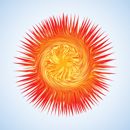 Artistic bright warm red burn circle midpoint drawing shape design. Optical illusion fuzzy sphere form in art cartoon creative style. Yellow color motley power boom ball symbol on sky space for textのイラスト素材
