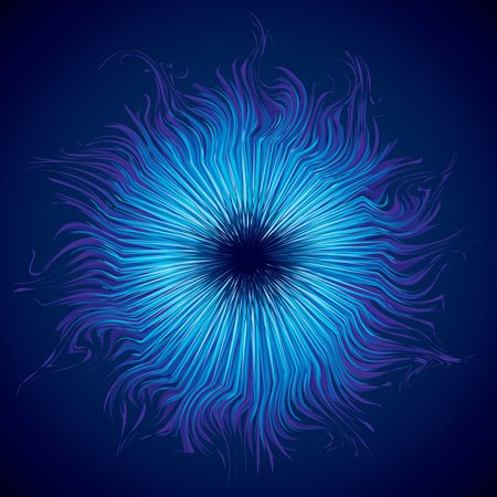 Bright cold cyan circular midpoint shape mystic art design. Sacred magic soul disc sphere form in modern creative tech line style. Navy aqua color motley power blast ball symbol on dark fond for textのイラスト素材