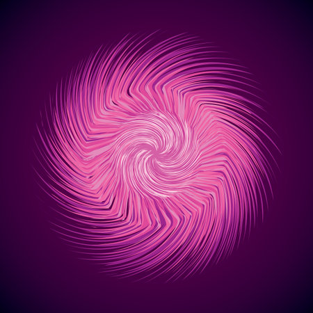 Artistic bright violet barb circle midpoint drawing shape design. Optical illusion. Fuzzy prickly form in art modern cartoon creative style. Lilac color motley spiky hair symbol on dark space for textのイラスト素材
