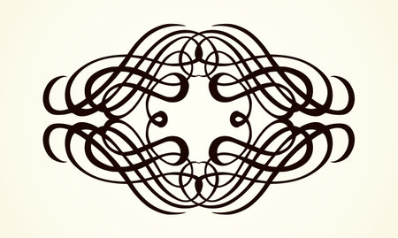 Old cute romantic book ribbon bow swirly tag swoosh element isolated on white paper card backdrop. Freehand black ink pen outline drawn curly corner sketchy in artistic rustic curlicue scrawl styleのイラスト素材