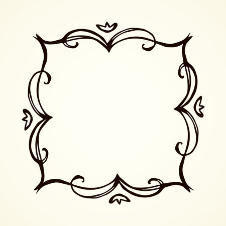 Old cute romantic book ribbon bow swirly tag swoosh element isolated on white paper card backdrop. Freehand black ink pen outline drawn curly corner sketchy in artistic rustic curlicue scrawl styleのイラスト素材