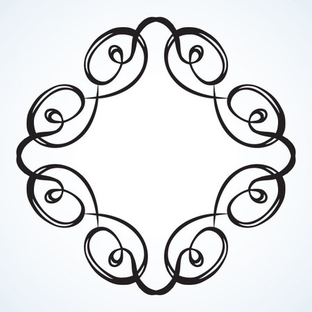 Old cute romantic book ribbon bow swirly tag swoosh element isolated on white paper card backdrop. Freehand black ink pen outline drawn curly corner sketchy in artistic rustic curlicue scrawl styleのイラスト素材