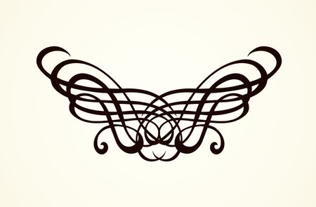 Old cute romantic book ribbon bow swirly tag swoosh element isolated on white paper card backdrop. Freehand black ink pen outline drawn curly corner sketchy in artistic rustic curlicue scrawl styleのイラスト素材