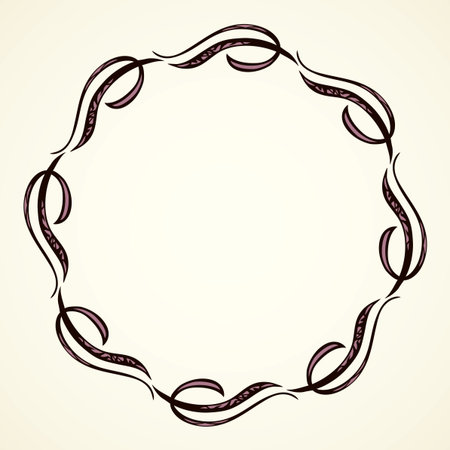 Old cute romantic book ribbon bow swirly tag swoosh element isolated on white paper card backdrop. Freehand black ink pen outline drawn curly corner sketchy in artistic rustic curlicue scrawl styleのイラスト素材