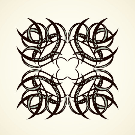 Old cute romantic book ribbon bow swirly tag swoosh element isolated on white paper card backdrop. Freehand black ink pen outline drawn curly corner sketchy in artistic rustic curlicue scrawl styleのイラスト素材