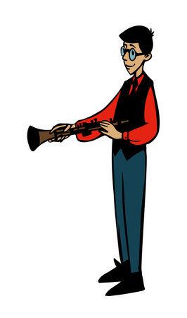 Young happy joy teen male geek guy face stand arm hobby cute wind reed ska valve audio. Black ink hand drawn art old retro style human girl hold gorn folk jazz blare solo tone artist symbol icon signのイラスト素材