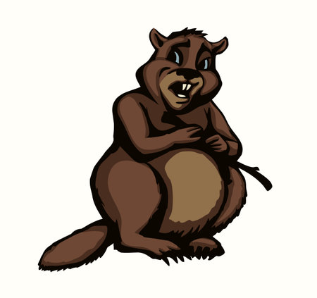 Brown old wet forest river small whistle pig ground hog look work dam paw hold tree gnaw chew eat stick food. line ink hand drawn young white face baby pup sit picture fun zoology logo sign art styleのイラスト素材