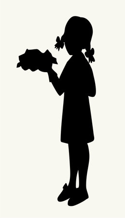 Small teen lady Betty Botter stand arm take carry show dish some yummy ice cream old white paper pack rural retro dress. Hand drawn ink art joy woman serve job work sell ask buy lunch icon sign symbolのイラスト素材