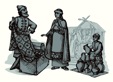 Boy kid child sit pottery toy potter craft retro east Asia holiday tower scene. Hand drawn tent rack male worker human travel buyer haggl job ethnic show pot fruit grocery dish sketch art cultur styleのイラスト素材