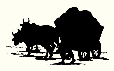 Sad poor guy wood human trolley telega crop harvest bale bag wain. Hand drawn art ukraine past age horn mammal go walk move dray pull rustic dirty way asian country field grass nature white sky sceneのイラスト素材