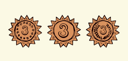 Contest 3 olympic athlete leader hero medalist red metal pin round wreath element. Bright color hand drawn warranty heraldic logo border in retro art cartoon graphic style on white space for textのイラスト素材