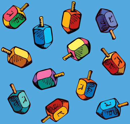 Ethnic judaic chanukkah draydl on blue table. God torah nun chanukah gimel dreydl icon. Holy jew hanukah dreidle card backdrop. Bright color hand drawn zion hannukah in retro art sevivon cartoon styleのイラスト素材