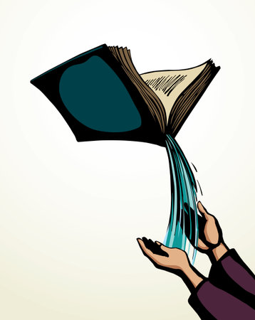 Christ show sky spray pour fresh stream paper read text space line drawn sketch art. Old male arm ask author teach holy soul eat word food magic heaven life tale story man boy bless help hope icon signのイラスト素材