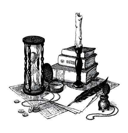 Grunge office time age worn holy god law papyrus page table diary blank novel card text space. Black line ink quill pen hand drawn dollar coin cash notice sign icon engrav biblic wisdom art still lifeのイラスト素材